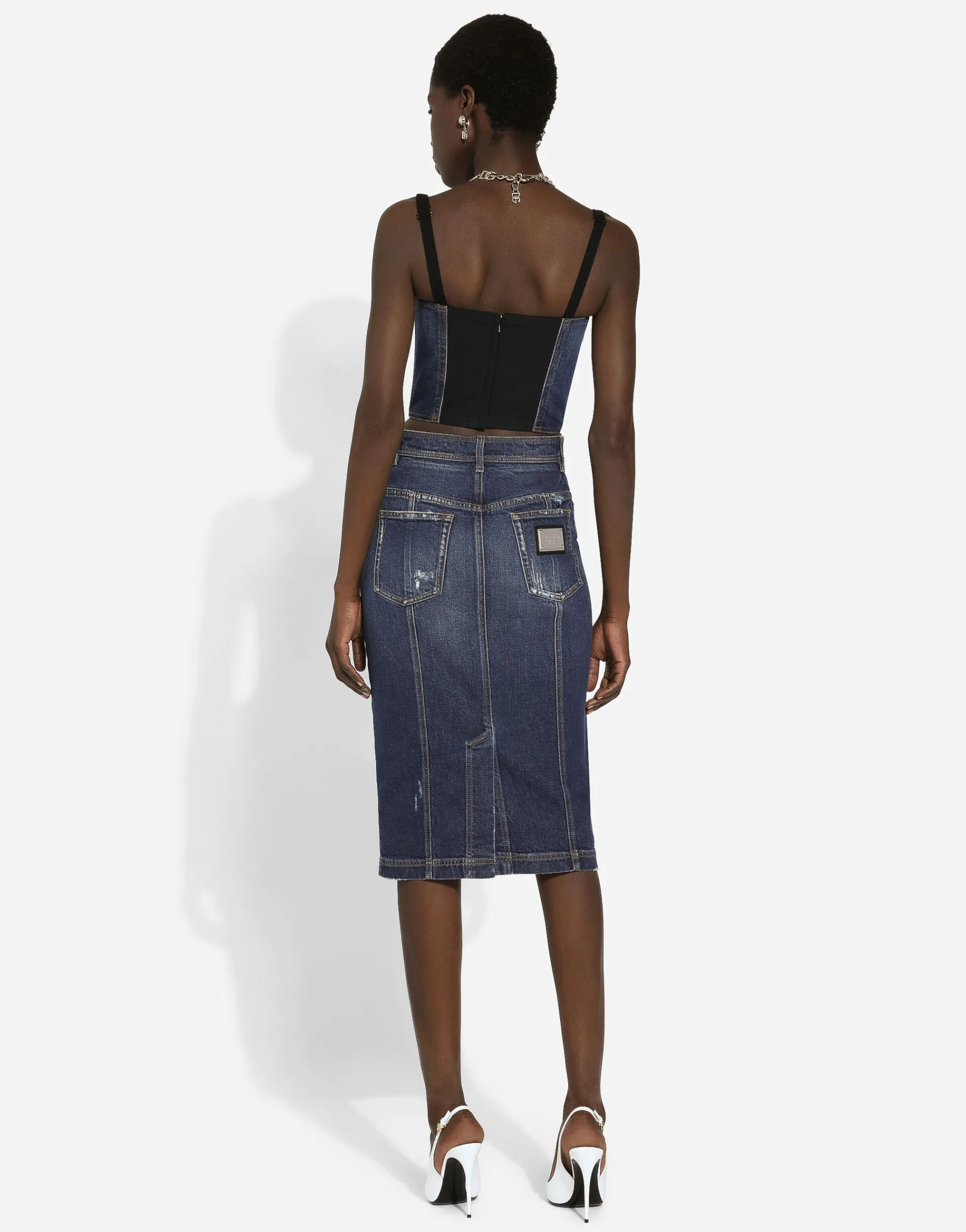Denim corset top with logo tag