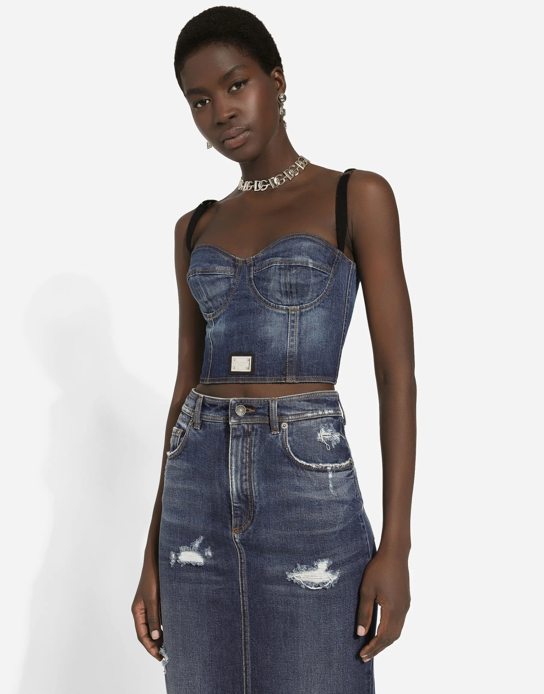 Denim corset top with logo tag