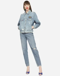 Denim jacket with branded plate