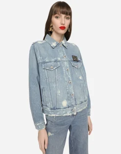 Denim jacket with branded plate