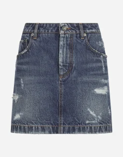 Denim mini skirt with rips