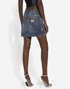 Denim mini skirt with rips