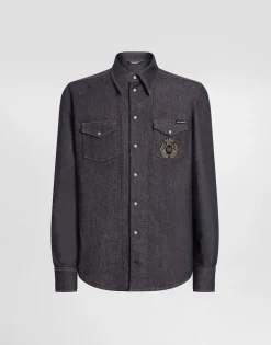 Denim shirt with heraldic emblem