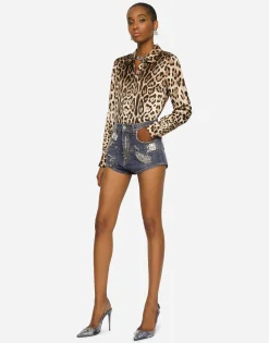 Denim shorts with rhinestone details