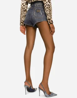 Denim shorts with rhinestone details