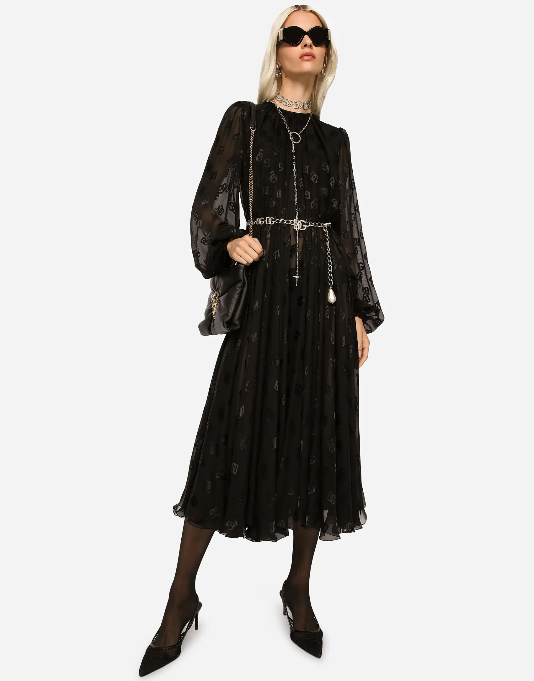 Devoré satin dress with all-over DG logo