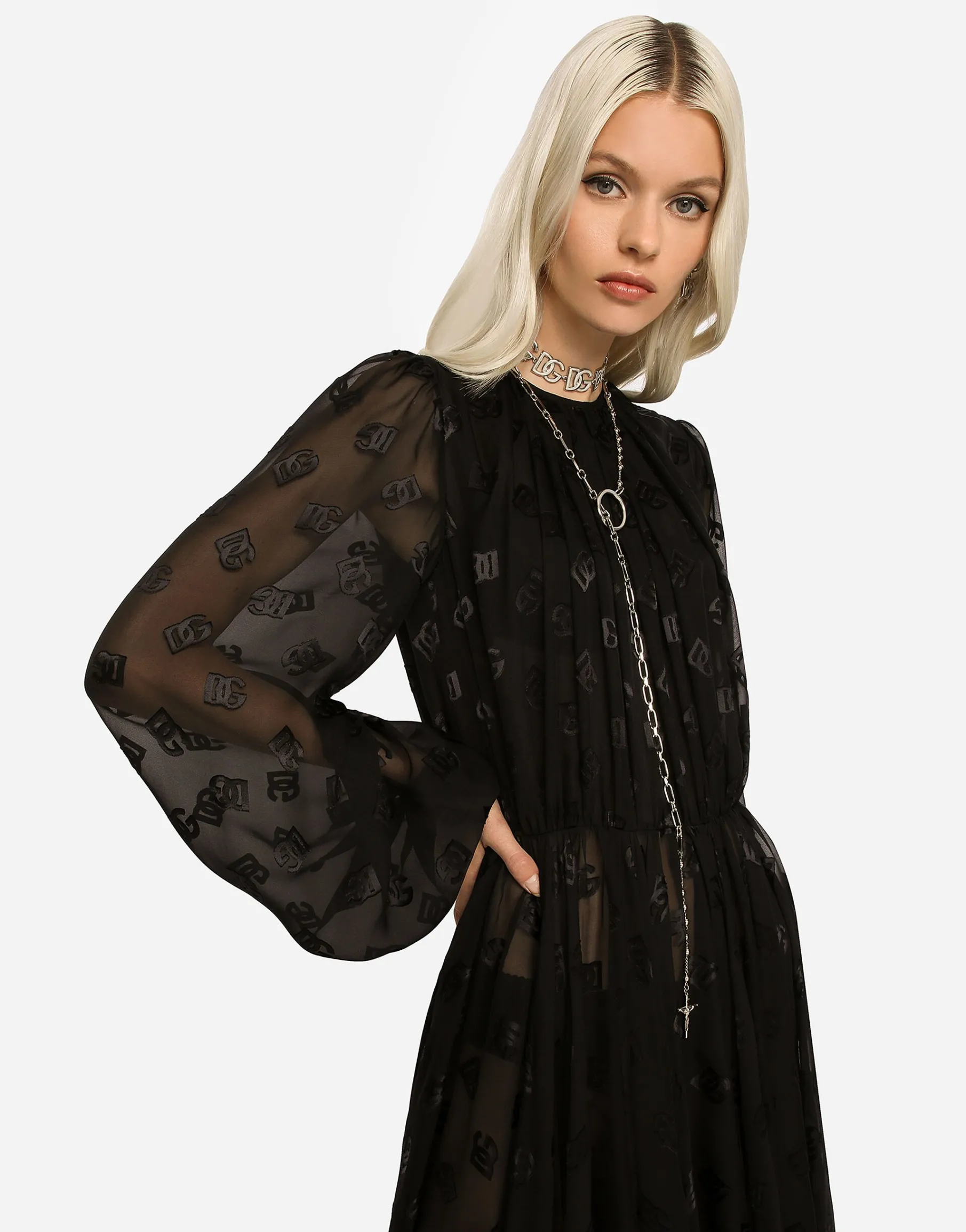 Devoré satin dress with all-over DG logo