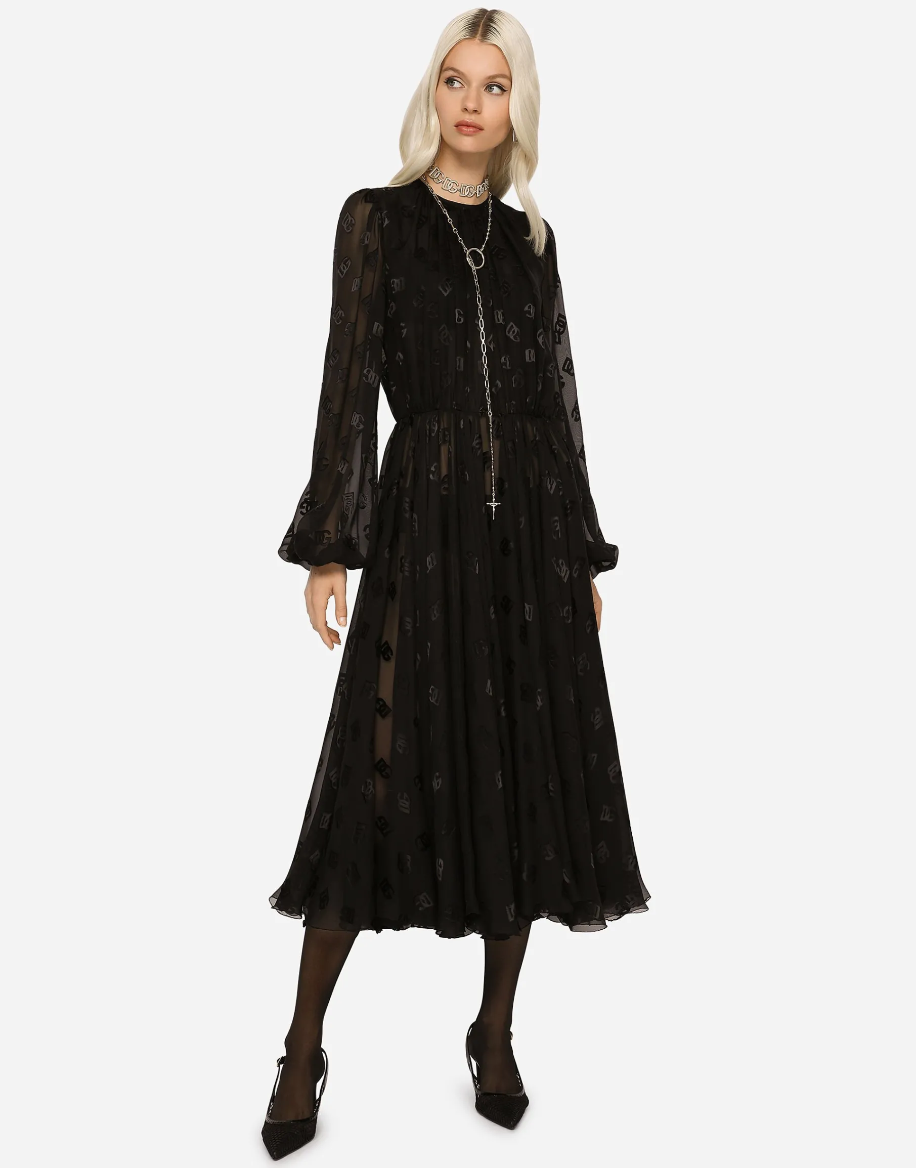 Devoré satin dress with all-over DG logo