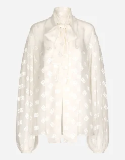 Devoré satin pussy-bow shirt with all-over DG logo