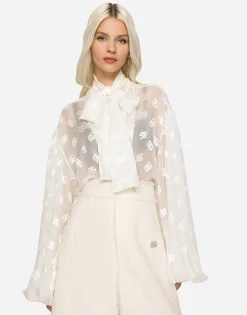 Devoré satin pussy-bow shirt with all-over DG logo