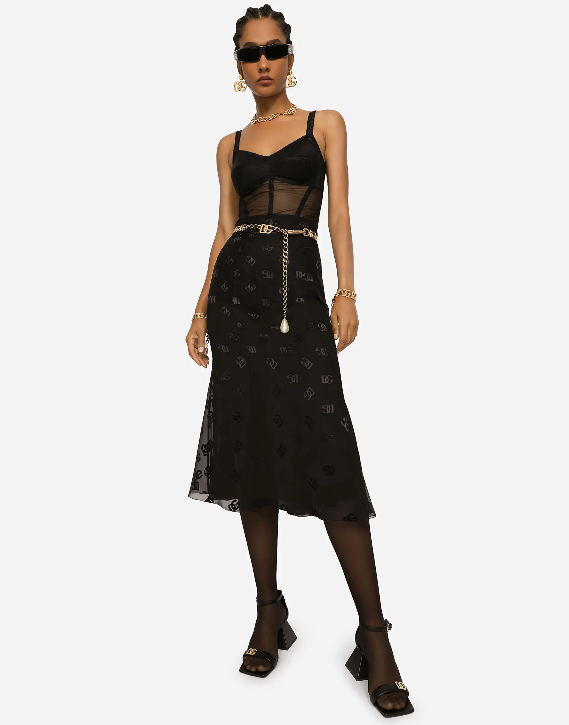 Devoré satin skirt with all-over DG logo
