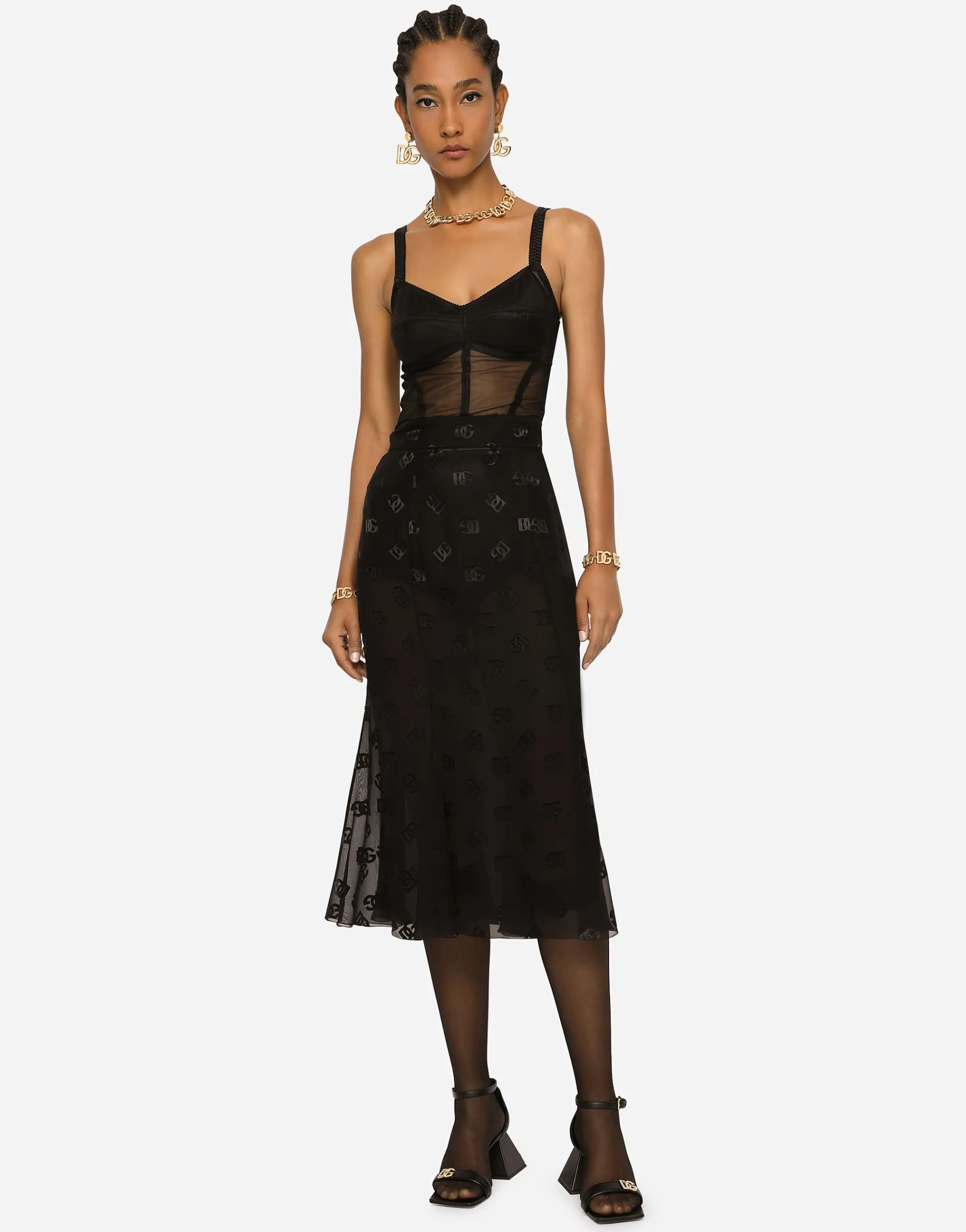 Devoré satin skirt with all-over DG logo