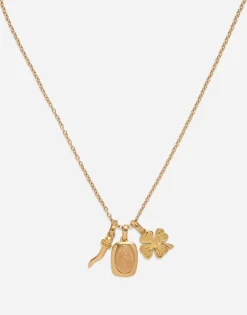 Devotion yellow and red gold rounded rectangular pendant with a red gold Virgin Mary medallion, horn and four-leaf clover pendants on yellow gold chain