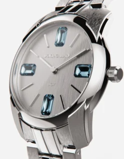 DG7Gems steel watch with light blue topazes