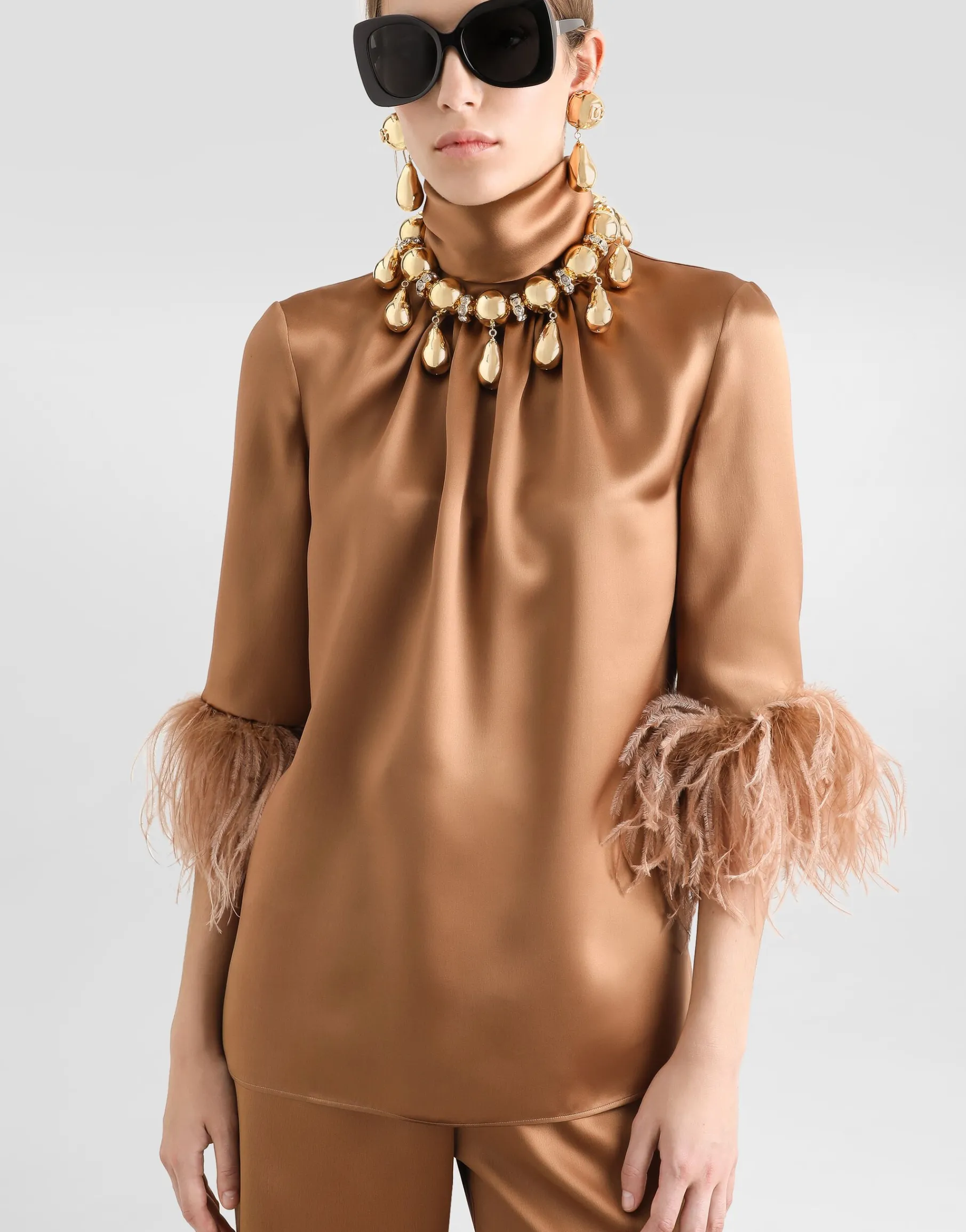 Double satin turtle-neck top with feathered detailing