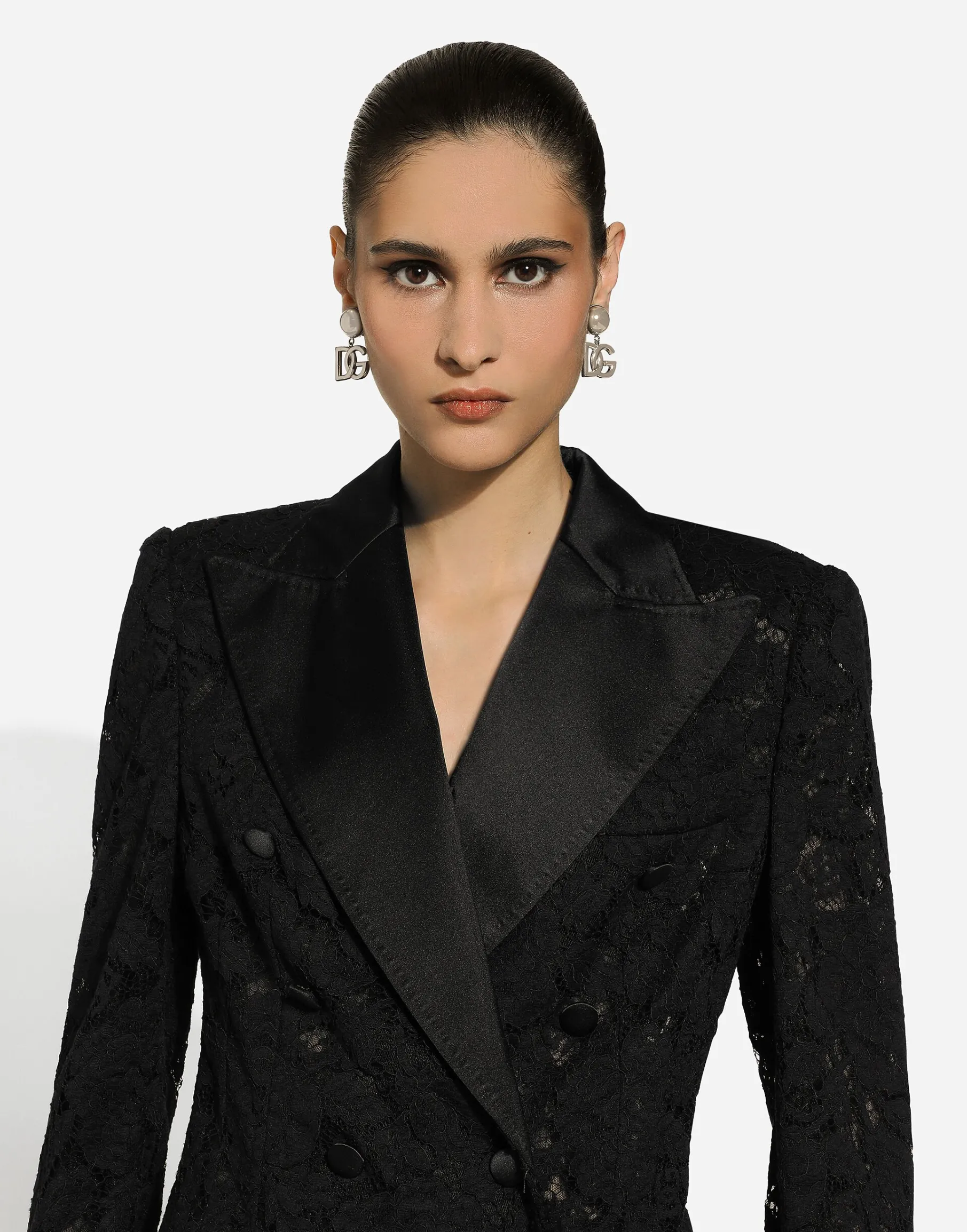 Double-breasted branded floral cordonetto lace Turlington-fit jacket