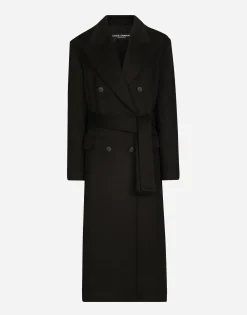 Double-breasted cashmere baize coat with belt