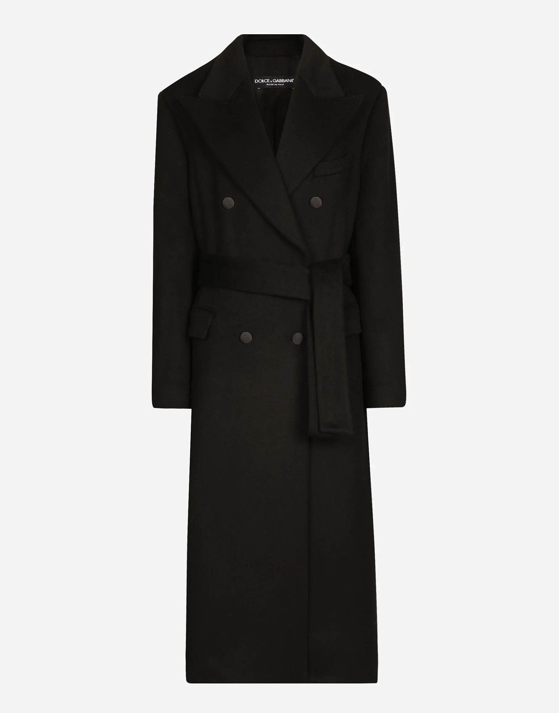 Double-breasted cashmere baize coat with belt