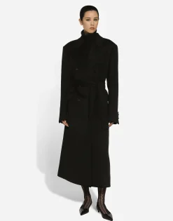 Double-breasted cashmere baize coat with belt