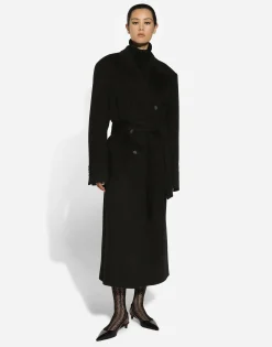 Double-breasted cashmere baize coat with belt