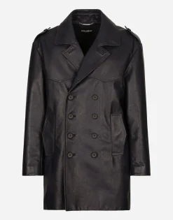 Double-breasted leather pea coat