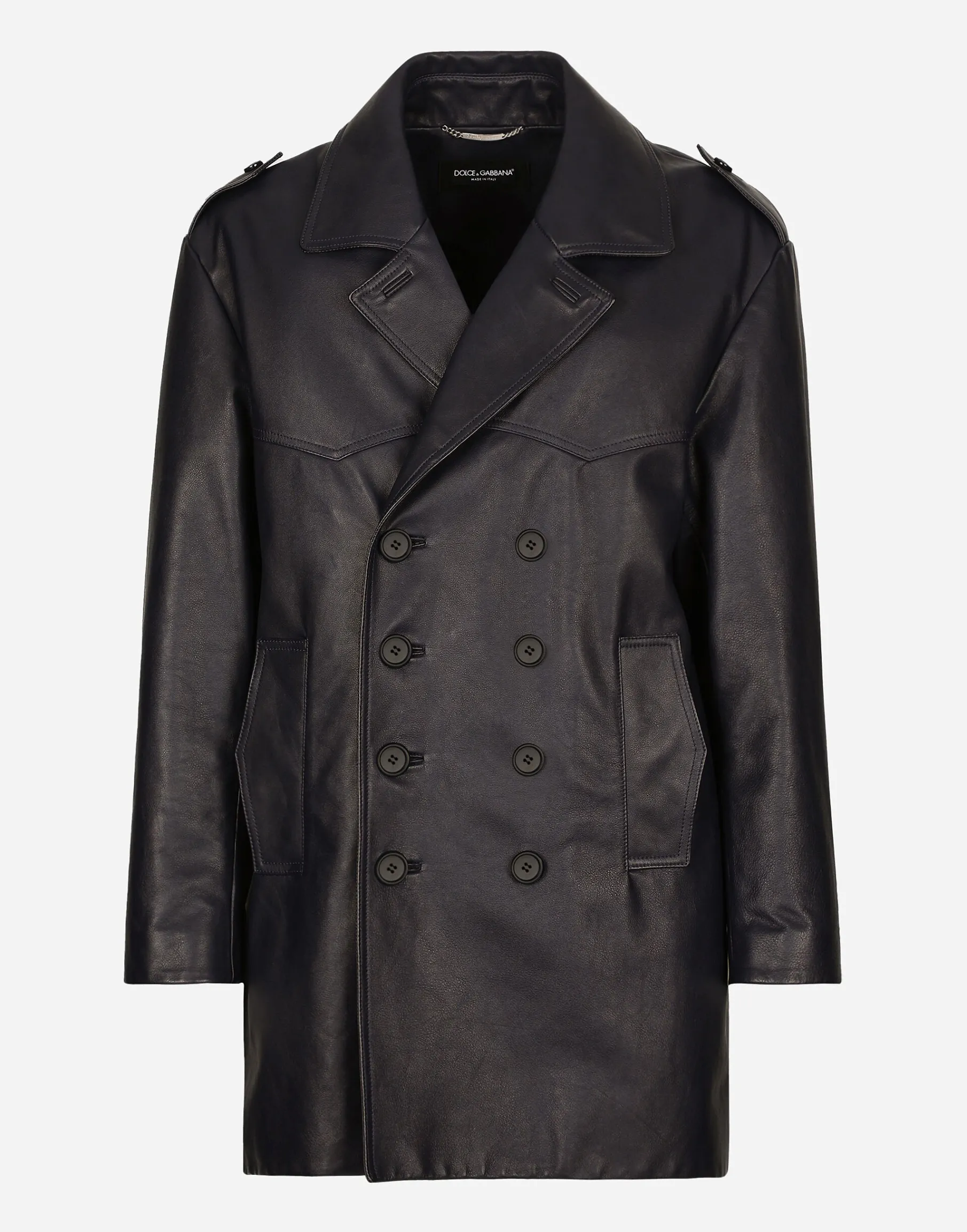 Double-breasted leather pea coat