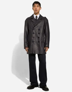 Double-breasted leather pea coat