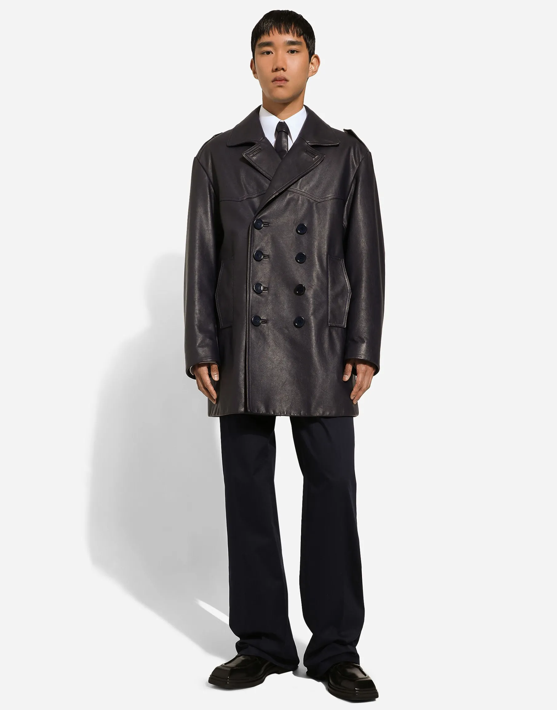 Double-breasted leather pea coat