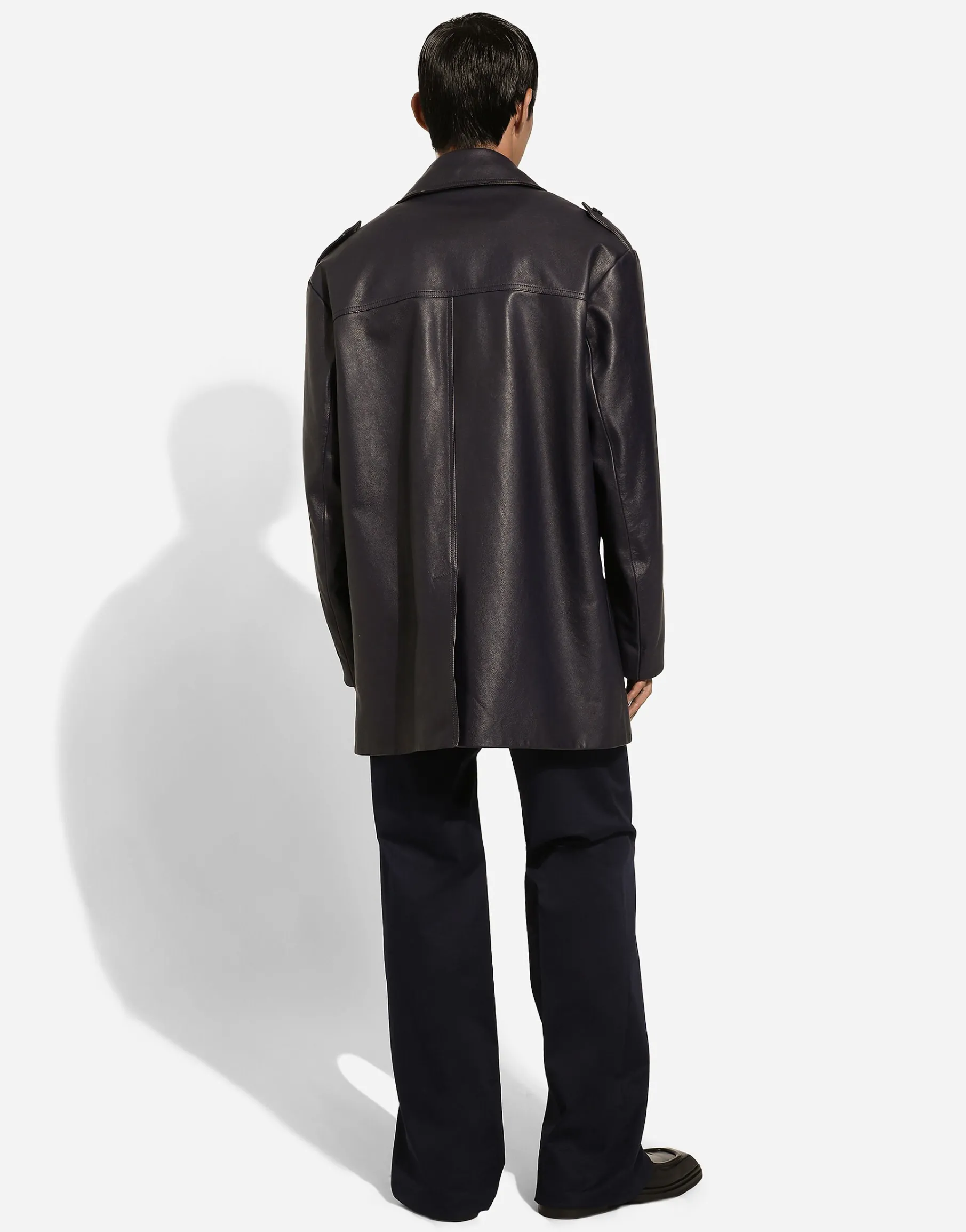 Double-breasted leather pea coat