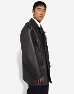 Double-breasted leather pea coat