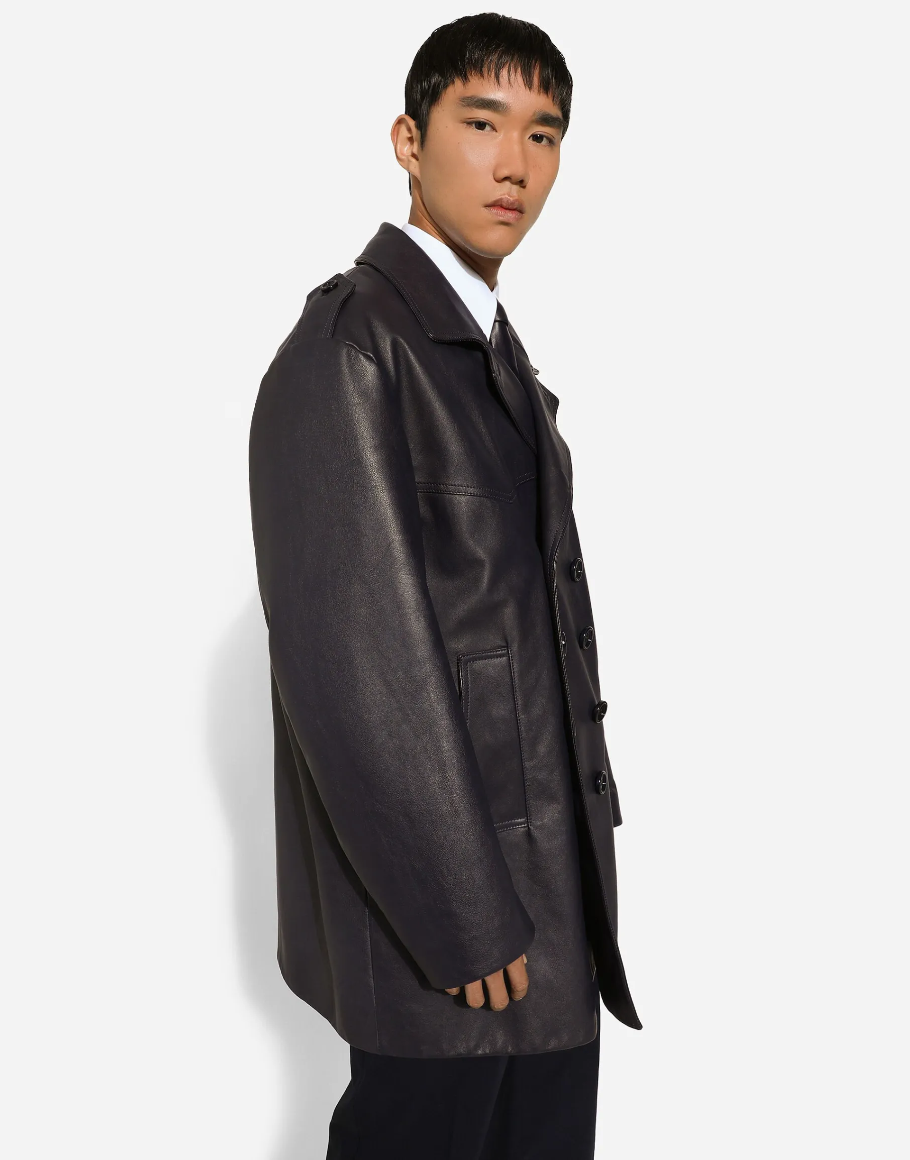 Double-breasted leather pea coat