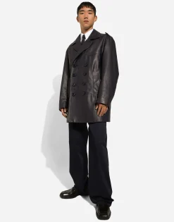 Double-breasted leather pea coat