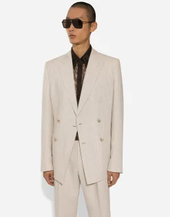 Double-breasted Portofino-fit jacket in pinstripe linen