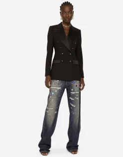 Double-breasted satin and wool fabric jacket