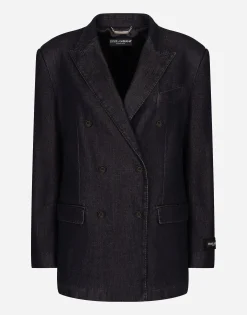 Double-breasted silk and cotton denim Taormina-fit jacket