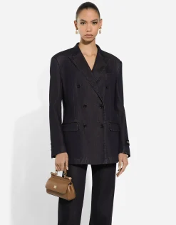 Double-breasted silk and cotton denim Taormina-fit jacket