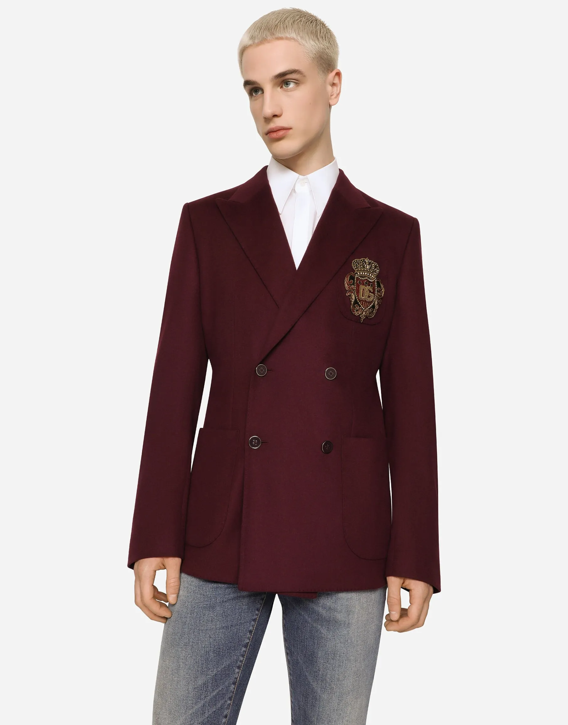 Double-breasted wool and cashmere jacket with DG patch