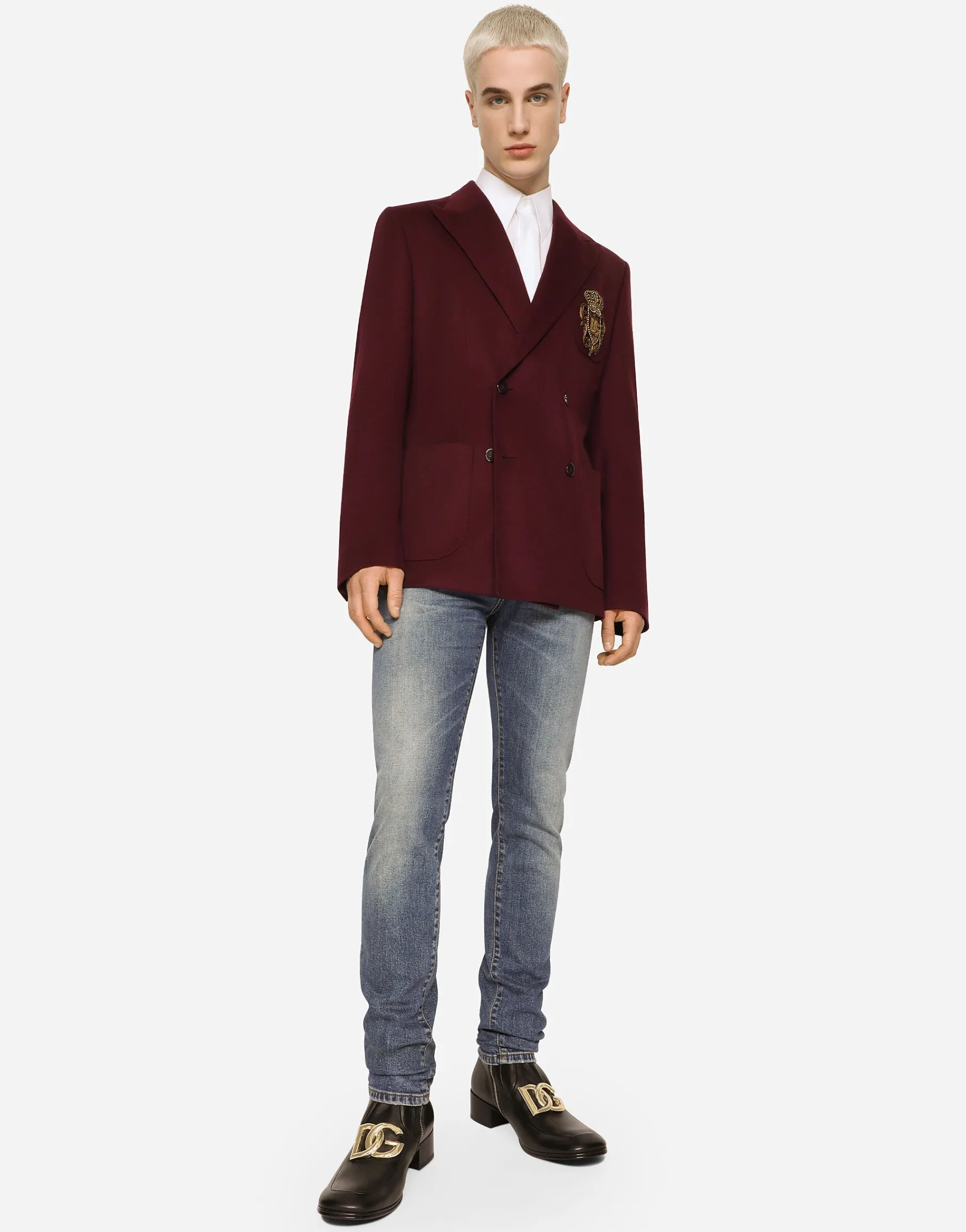 Double-breasted wool and cashmere jacket with DG patch