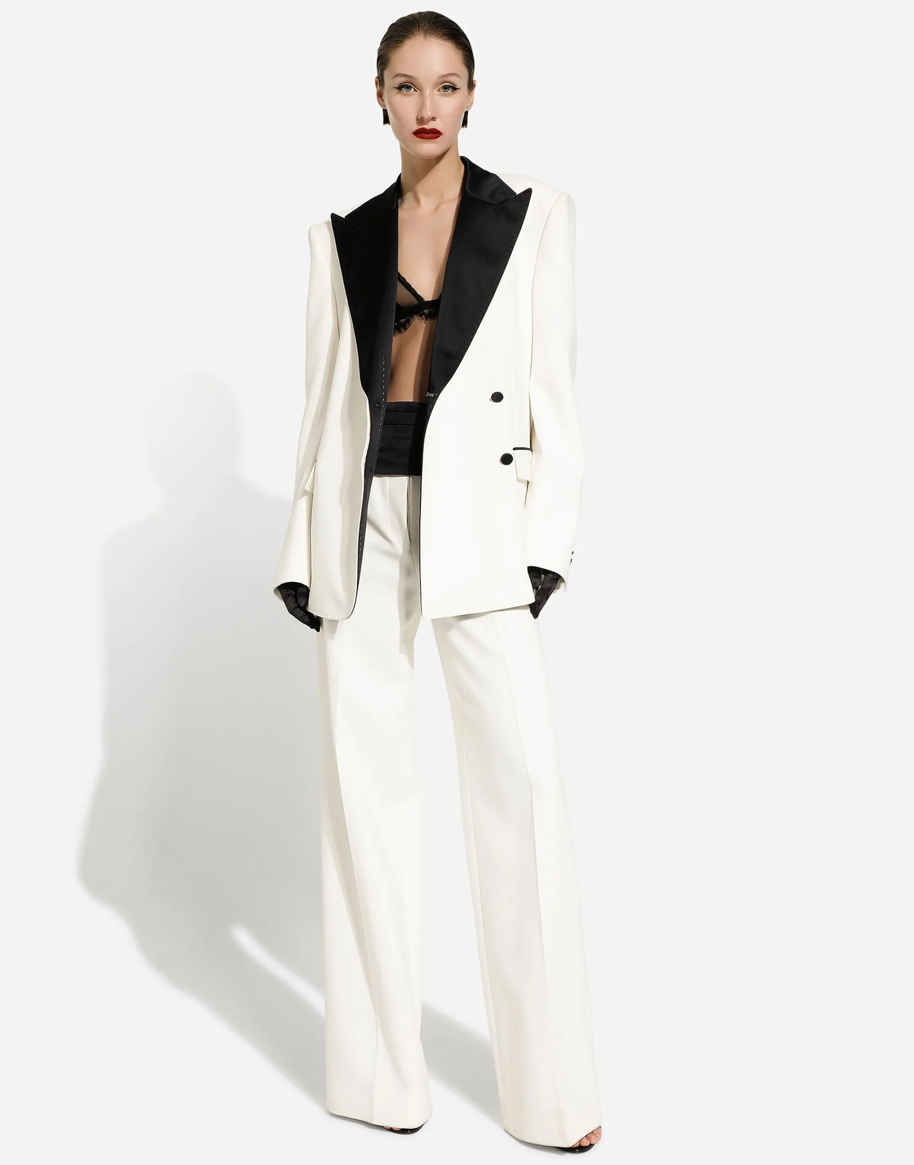Double-breasted wool crepe jacket with tuxedo lapels