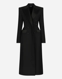 Double-breasted wool gabardine tuxedo coat with padded hips