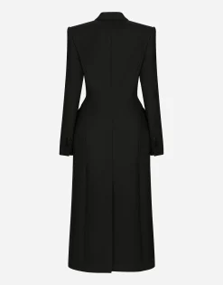 Double-breasted wool gabardine tuxedo coat with padded hips