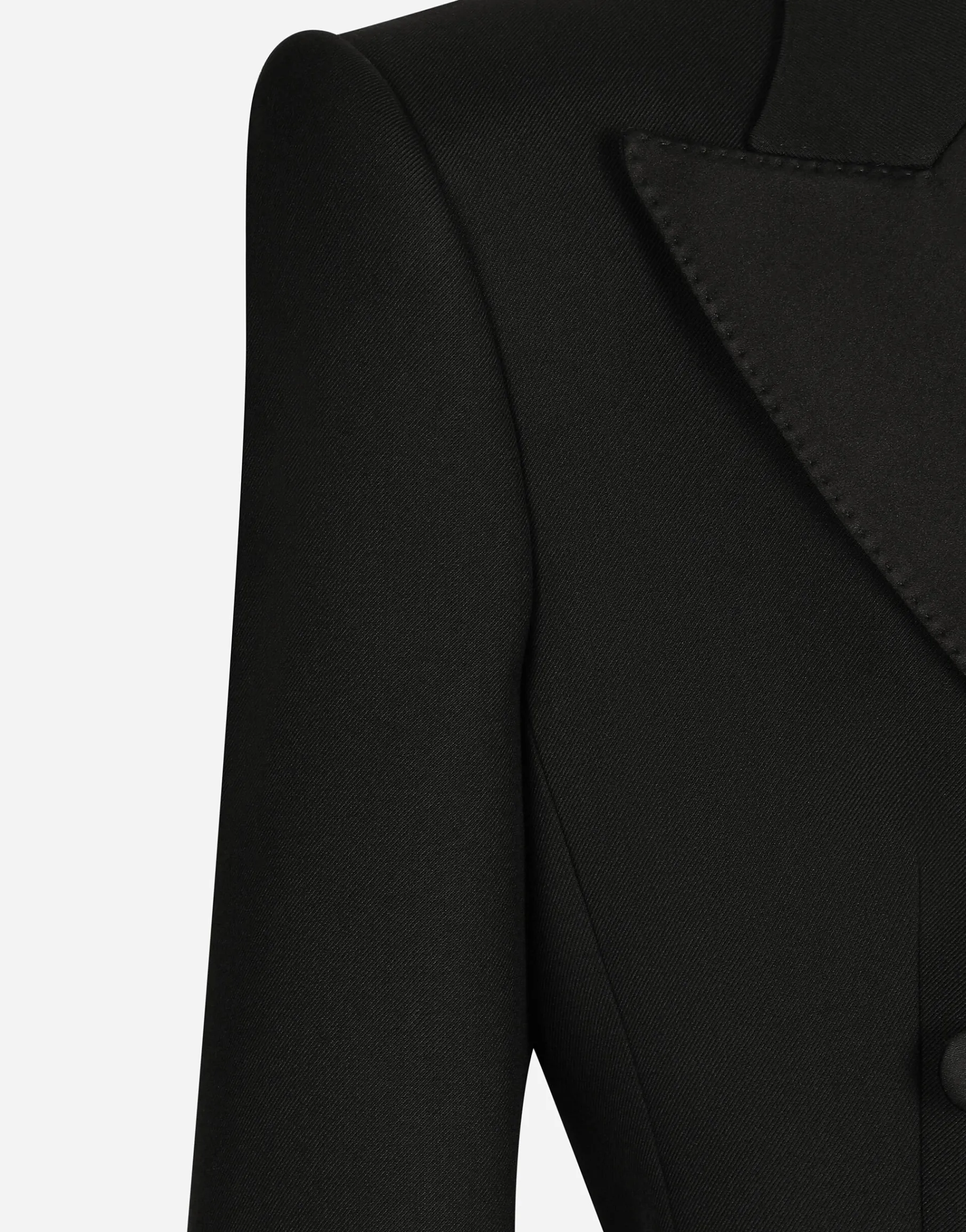 Double-breasted wool gabardine tuxedo coat with padded hips
