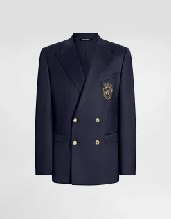 Double-breasted wool jacket with patch
