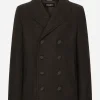 Double-breasted wool pea coat with branded tag