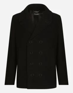 Double-breasted wool pea coat with branded tag