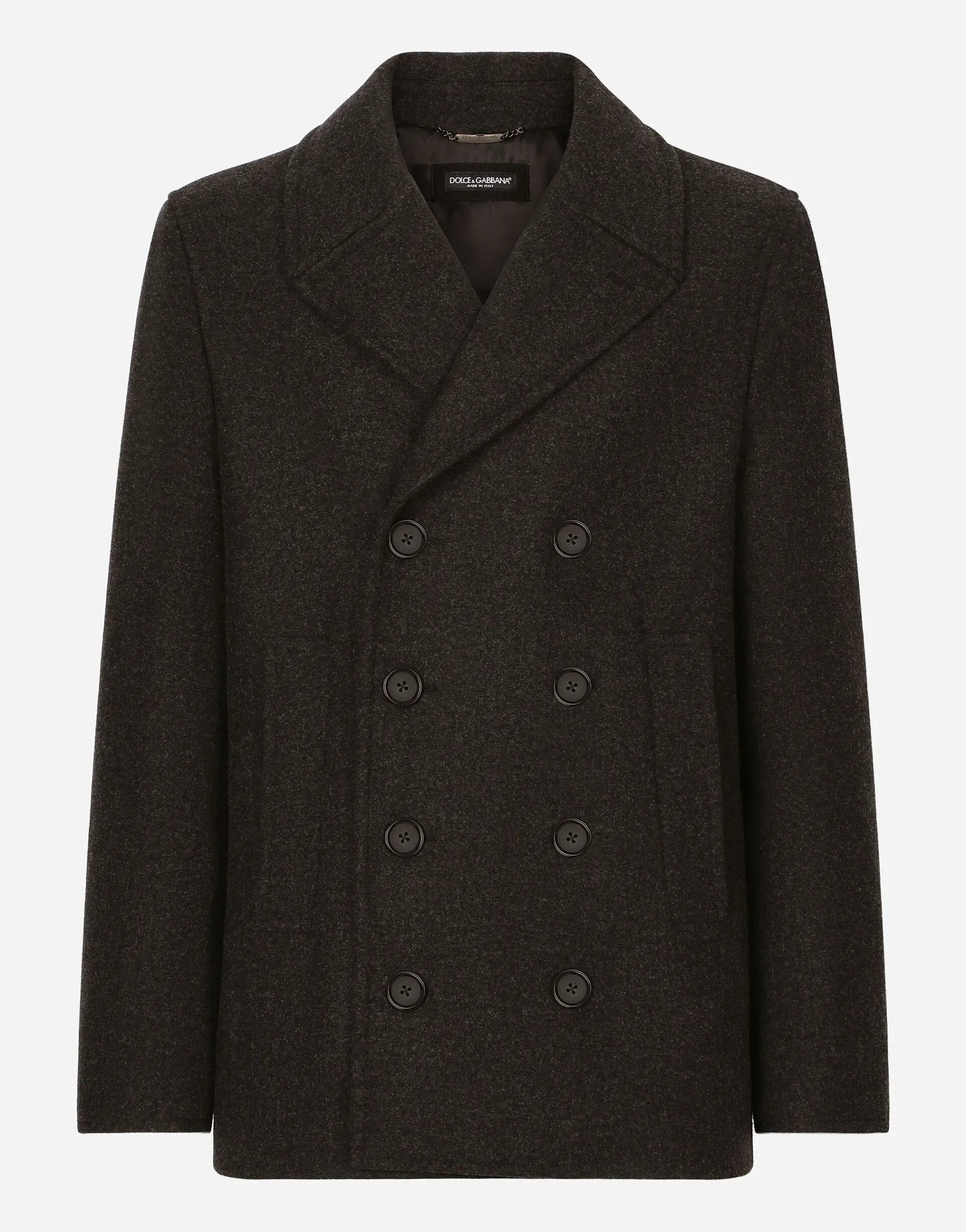 Double-breasted wool pea coat with branded tag
