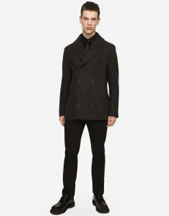 Double-breasted wool pea coat with branded tag