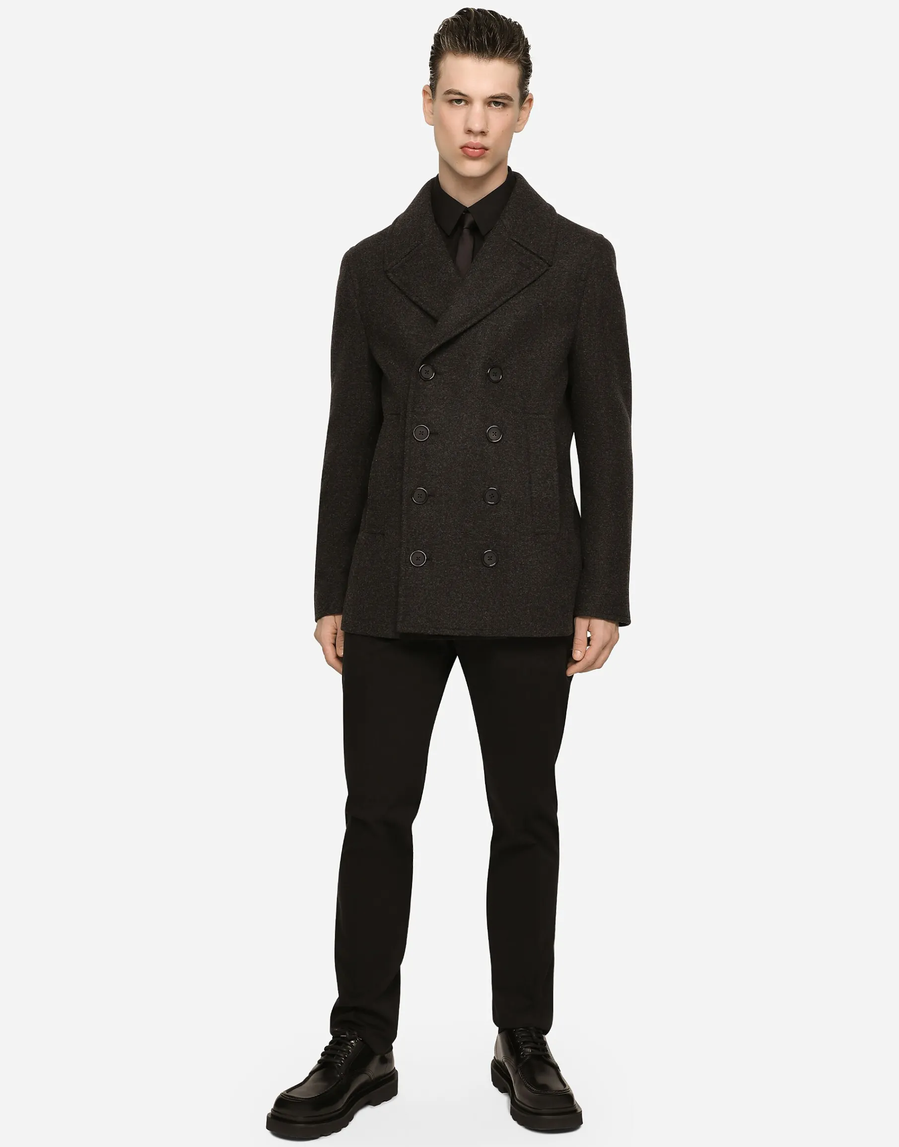 Double-breasted wool pea coat with branded tag