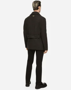Double-breasted wool pea coat with branded tag