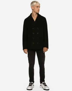 Double-breasted wool pea coat with branded tag
